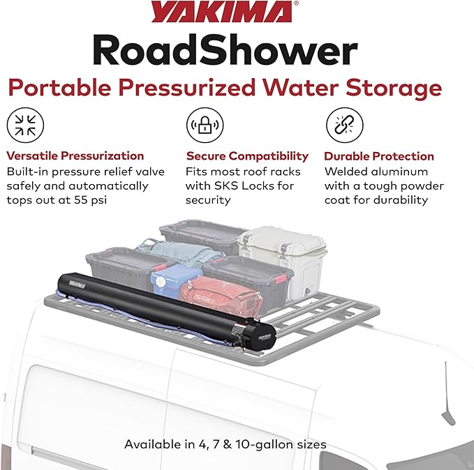 Yakima RoadShower Portable Aluminum Pressurized Water Storage with Garden Hose Adapter and 2 Outlet Water Ports