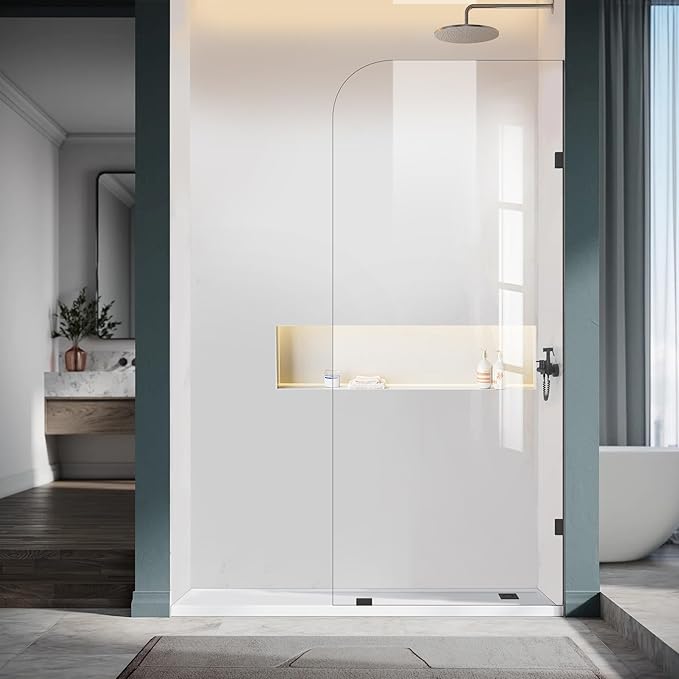 34" W ×74" H Shower Glass Panel, Frameless Fixed Glass Shower Panel with Clamps, 5/16"(8mm) Thick Clear Tempered Shower Door, Bathroom Shower Screen in Matte Black