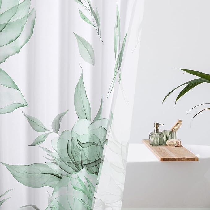 Green and Grey Boho Watercolor Floral Shower Curtain, Ink Painting Style Blossom & Leaf Shower Curtains for Chic Elegant Bathroom, Artistic Fabric Cloth Flower Shower Curtain, 72x72