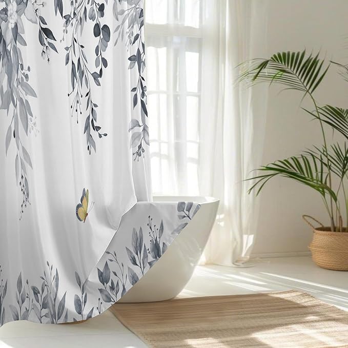 No Hook Shower Curtain and Liner Set, Blue Grey Eucalyptus Floral Shower Curtains for Bathroom, Bath Curtain Sets with Snap in Liner, Waterproof with See Through Top Window, 71x77 Inches