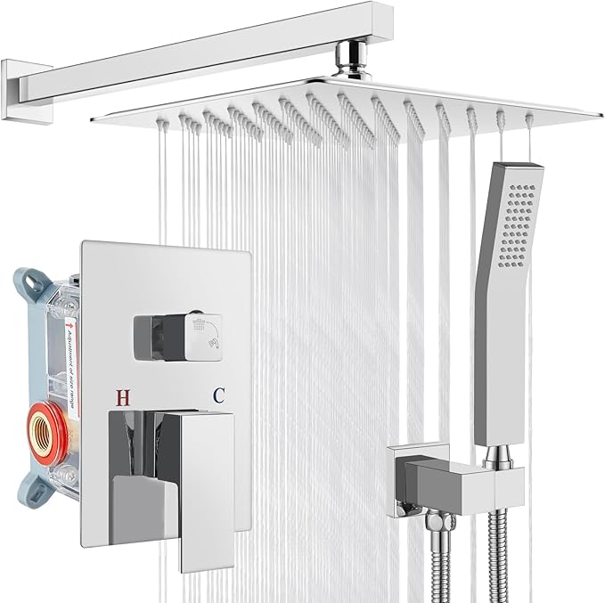 gotonovo Rainfall Bathroom Shower System Rain Shower Head and Handle Set Wall Mounted Shower Complete Combo Solid Brass Pressure Balancing Shower Mixer Valve 10 Inch Polished Chrome