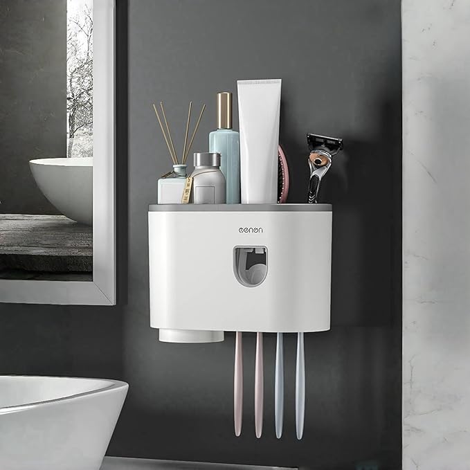 No-Drill Wall Mounted Toothbrush Holder, Bathroom Shelf, with Automatic Toothpaste Dispensers 4 Brush Hooks1 Magnetic Cups 1 Cosmetic Drawer Organizer and Large Storage (1 Dispenser 1 Cup)