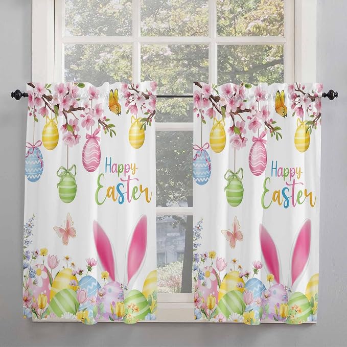 Happy Easter Kitchen Curtains 54 Inches Length, Spring Watercolor Bunny Eggs - Image 2