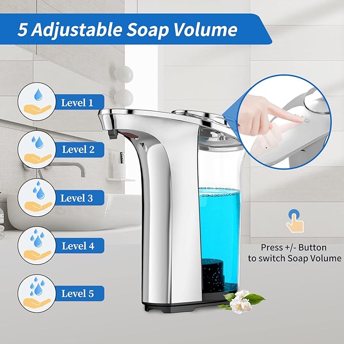 Automatic Soap Dispenser Touchless 17oz/500ml, Set of 2 Pack Liquid Soap Dispenser, Battery Countertop Dispensers with 5 Adjustable Levels, Bathroom Lotion Dispensers Over Sink, Silvery