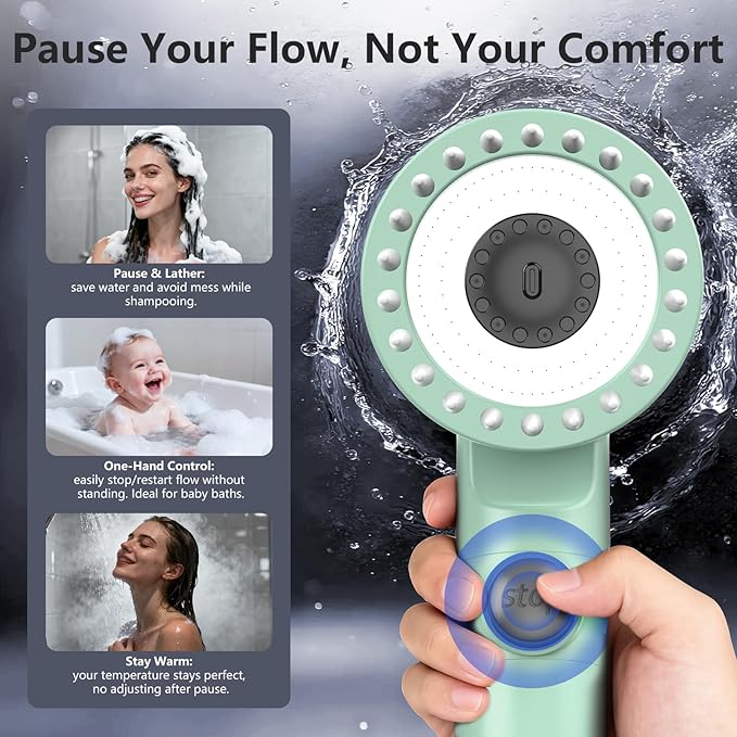 Filtered Shower Head with Handheld, High Pressure Water Flow and Multiple Spray Modes Shower Head with Filter, Power Wash for Hard Water, Showerhead with ON/OFF Switch for Pets Bath (Green)