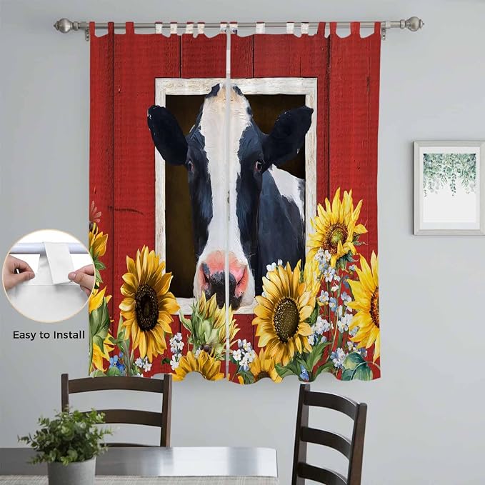 Cow Sunflowers Living Room Curtains 96 Inch Length, Window Curtains Tab Top - Image 4