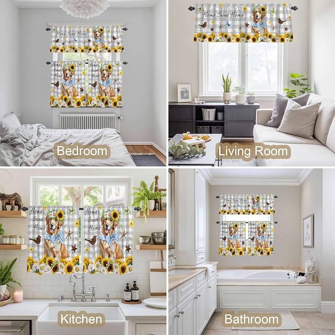 Kitchen Curtains Tiers and Valance Set of 3, Sunflowers Dog Light Filtering - Image 7
