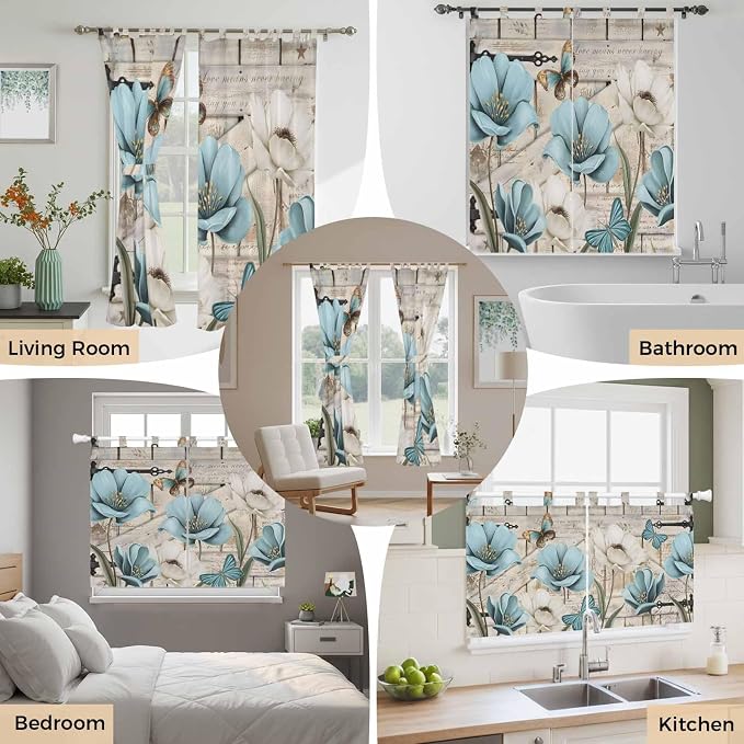 Teal Blue Tulips Kitchen Curtains 24 Inch Length, Small Window Curtains Tab Top - Image 7