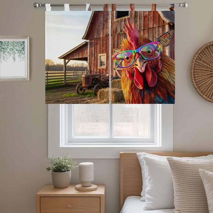 Farm Rooster Kitchen Curtains 45 Inch Length, Short Cafe Window Curtains Tab Top - Image 9