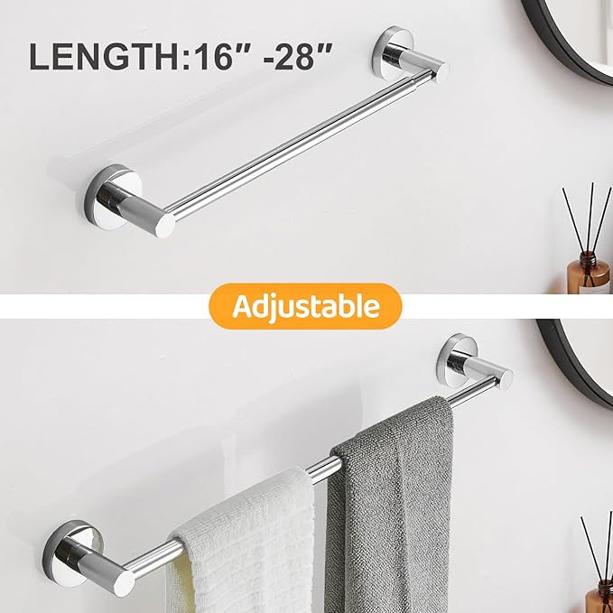 BESy Adjustable 15.9 to 28.6 Inch Single Bath Towel Bar Rack for Bathroom Accessories SUS304 Stainless Steel Towel Holder, Wall Mount with Screws Hand Towel Bar Rod Hotel Style, Polished Chrome