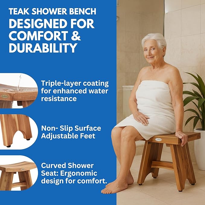 EcoDecors Teak Shower Bench 18", 300 lb Capacity – Waterproof Wood Bath Seat for Adults - Compact Spa Stool for Small Bathrooms & Walk-in Showers with Slip-Resistant Feet