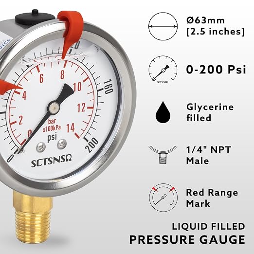 0 to 200 Psi Pressure Gauge, Glycerin Liquid Filled, 2.5 inch Dial, 1/4" NPT - Image 2