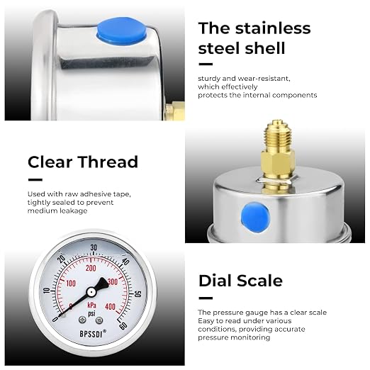 0-60 Psi Glycerin Liquid Filled Low Pressure Gauge, 2.5" Dial Size, 1/4" G Back - Image 7