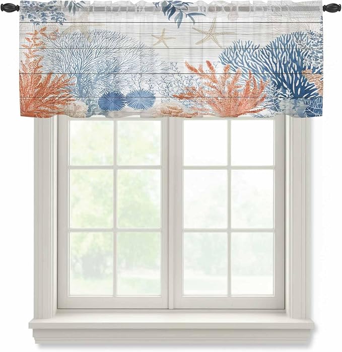 Ocean Corals Sheer Valance Curtains, Summer Beach Coral Sea Stars Wood Grain by Houseown