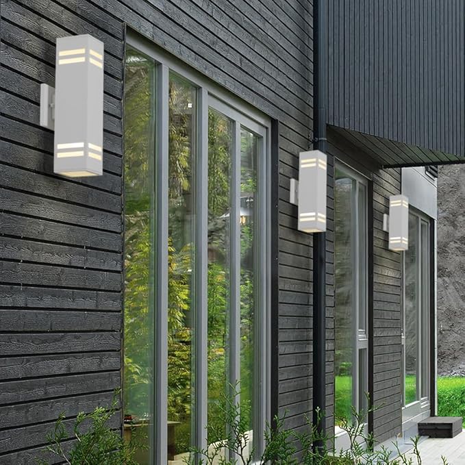 Cerdeco Aluminum Modern Outdoor Wall Light,15" Exterior Up Down Wall Sconce Light Fixture Sand Textured White with 3-Sided Frosted Glasses [ETL Listed]