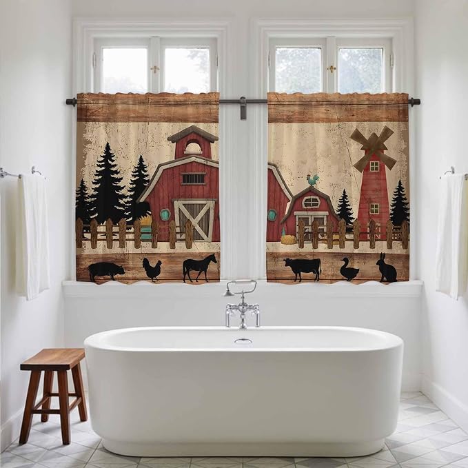 Brown Farmhouse Kitchen Curtains, Vintage Country Animals Wooden Grain Light - Image 5