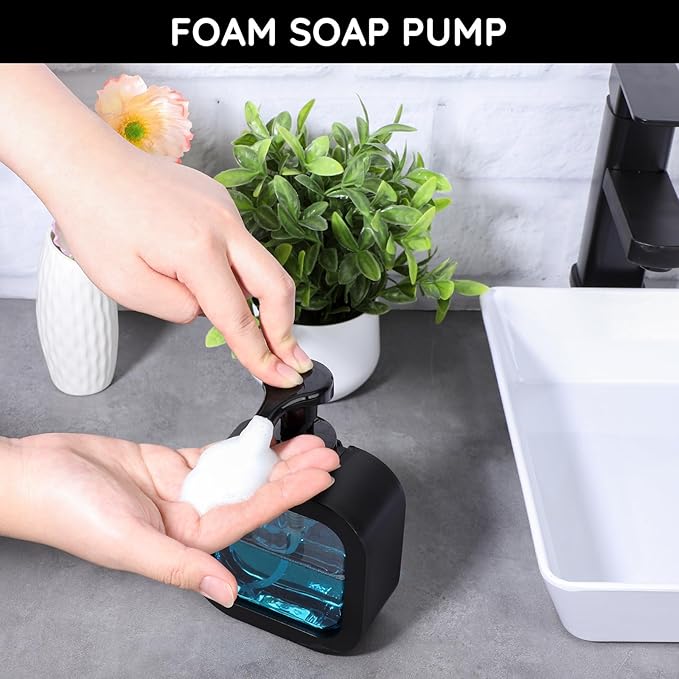 Segbeauty 10.1oz Black Foaming Soap Dispenser, 2pcs 300ml Square Refillable Dish Soap Foam Dispenser for Kitchen Cleaning, Empty Bathroom Shampoo Body Wash Foam Soap Pump Bottles with Pump Stickers