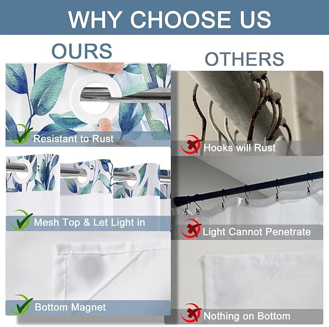 No Hook Shower Curtain and Liner Set, Blue Eucalyptus Floral Shower Curtains for Bathroom, Bath Curtain Sets with Snap in Liner, Waterproof with See Through Top Window, 71x77 Inches