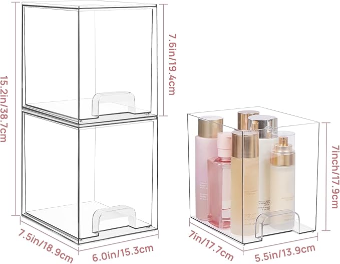 Vtopmart 7.6" H Clear Stackable Storage Drawers, 4 Pack Plastic Organizers Bins for Skincare, Cosmetics,Beauty Supplies,Ideal for Vanity, Bathroom,Kitchen Countertop,Cabinet Organization
