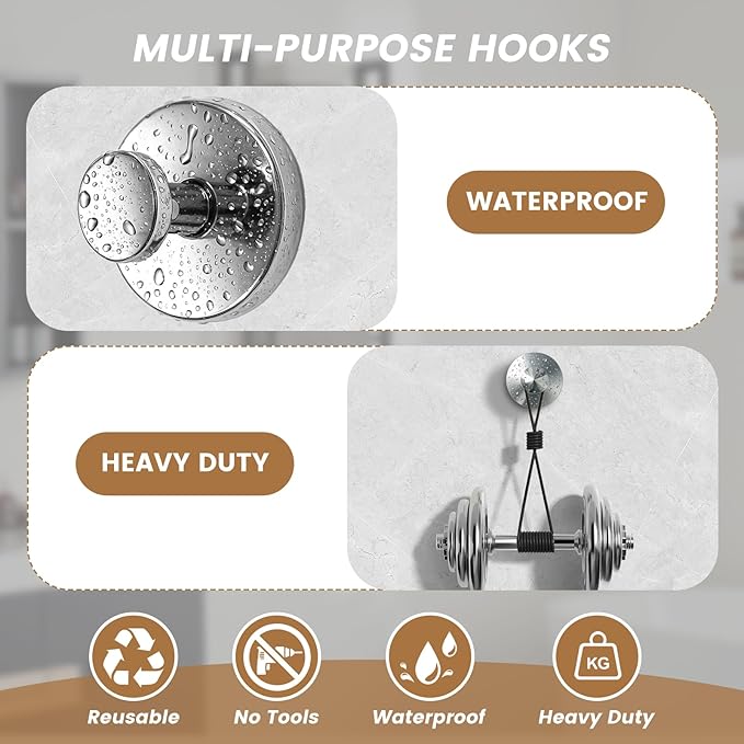 BKV Suction Cup Hooks for Glass Window,Removable Shower Hooks for Inside Shower,Metal Towel Hooks for Bathrooms,4 Pack(Mirror)