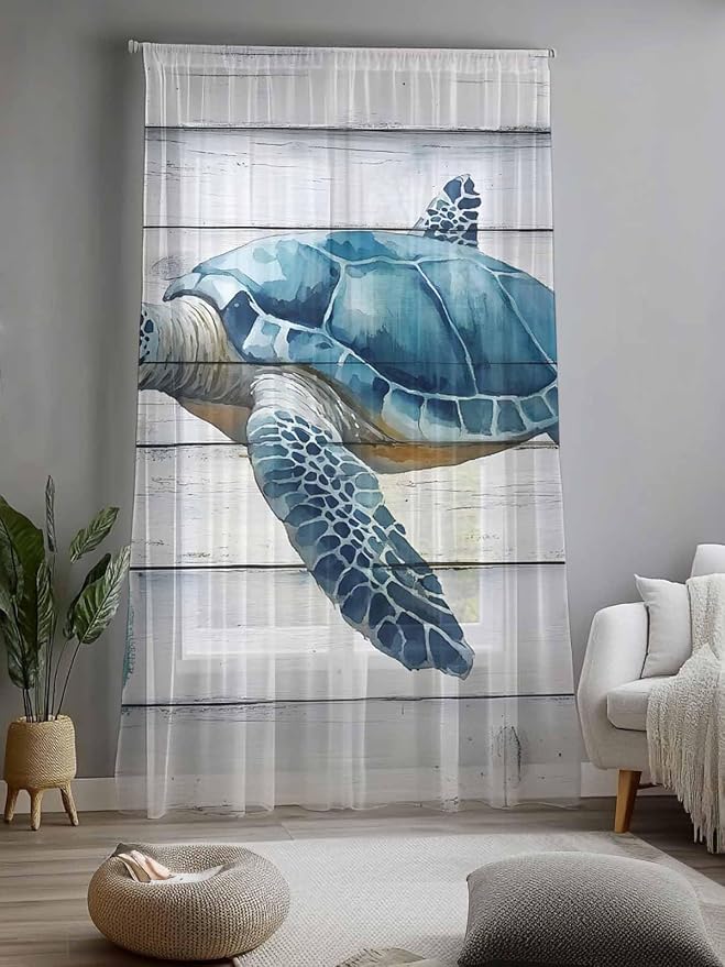 Sheer Curtains 96 Inches Long, Sea Turtle Blue Semi Sheer Curtains Light - Image 2