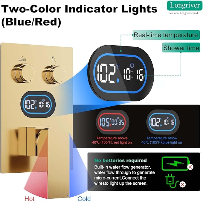 Push Button Diverter Shower Faucet Set Hydro Power Temperature Display, Shower System 10 Inch Shower Head with Handheld Spray, Wall Mounted Shower Fixtures with Valve and Trim Kit, Brushed Gold