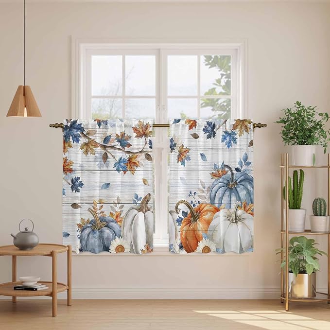 Thanksgiving Pumpkin Kitchen Curtains 45 Inch Long 2 Panel Set, Rod Pocket - Image 3