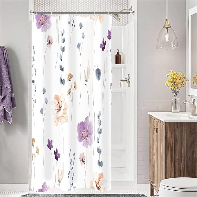 Gibelle Small Stall Shower Curtain 36 x 72, Narrow Half Watercolor Floral Fabric Shower Curtain, Purple Beige Flower Decorative Bathroom Shower Curtain Set