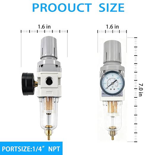 XingNEeng 1/4" NPT Compressed Air Filter Regulator Combo Piggyback, Water/Oil - Image 3