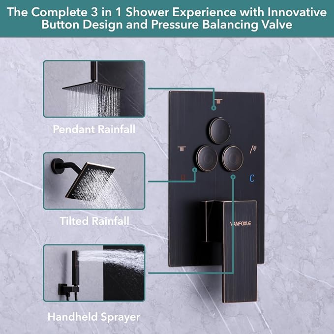 VANFOXLE Shower Faucet Set Oil Rubbed Bronze Shower System,Push Button Diverter Shower Faucet with 2 in 1 Handheld,Ceiling Mount 10 Inch Shower Head with 6 Inch Wall Mount Shower Head