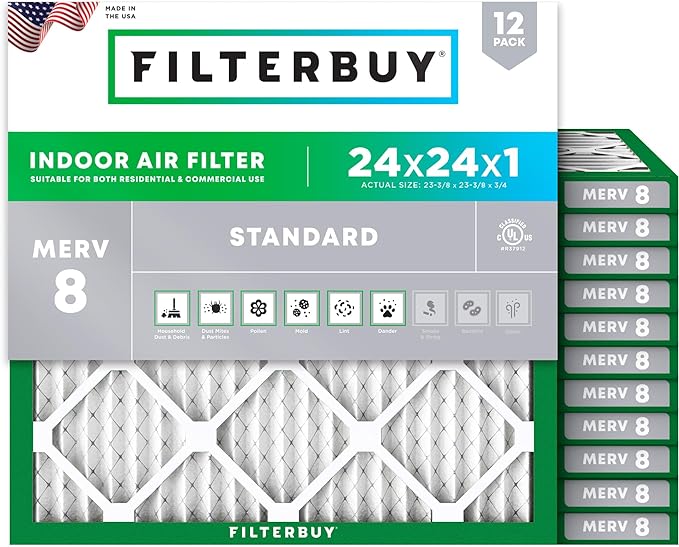 Filterbuy 24x24x1 Air Filter MERV 8 Essential Dust & Allergy Defense, by Filterbuy