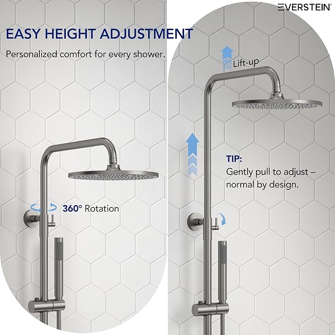 Exposed Shower System with Tub Spout, EVERSTEIN 10 inch High Pressure Shower Faucet Set, 3-Function Wall Mount Rain Showerhead with Handheld Sprayer, Outdoor Bathroom Fixtures, Brushed Nickel
