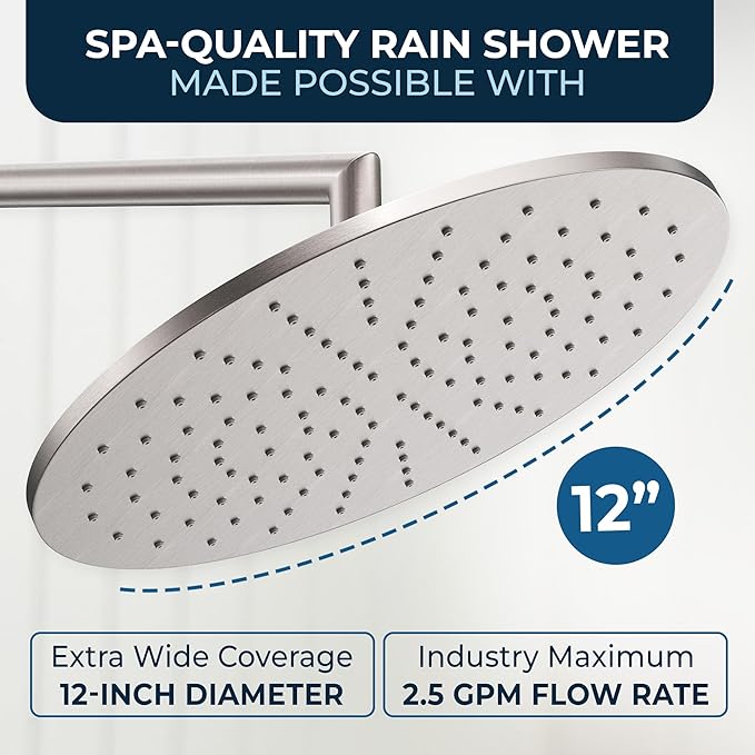 HammerHead Showers® Solid Metal 12 Inch Rainfall Shower Head, Large Rain Shower Head, 2.5 GPM High Flow Shower Head Optimized for Pressure, Wall-Mounted or Ceiling Rain Shower Head, Brushed Nickel
