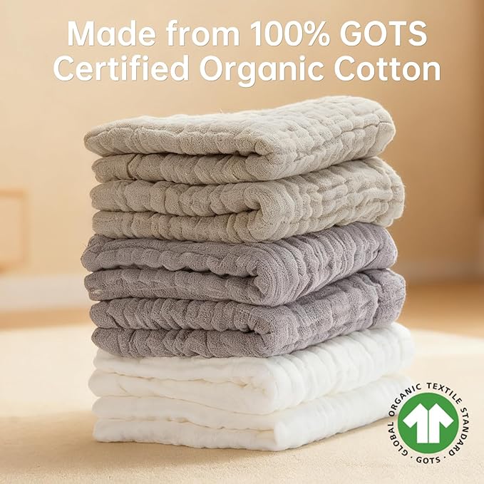 Organic Muslin Baby Washcloths 6 Pack Baby Bath Face Towel 12x12 Inch Extra Absorbent and Soft Burp Cloth and Wash Cloths for Newborn-Infants On Sensitive Skin (White Grey Brown)
