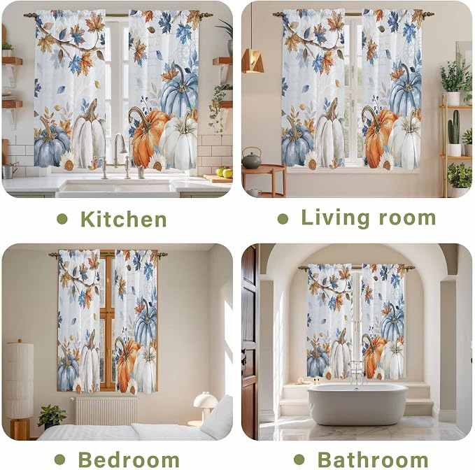 Fall Blue Maple Window Curtains 63 Inch Long 2 Panel Set, Rod Pocket Bedroom - Image 8