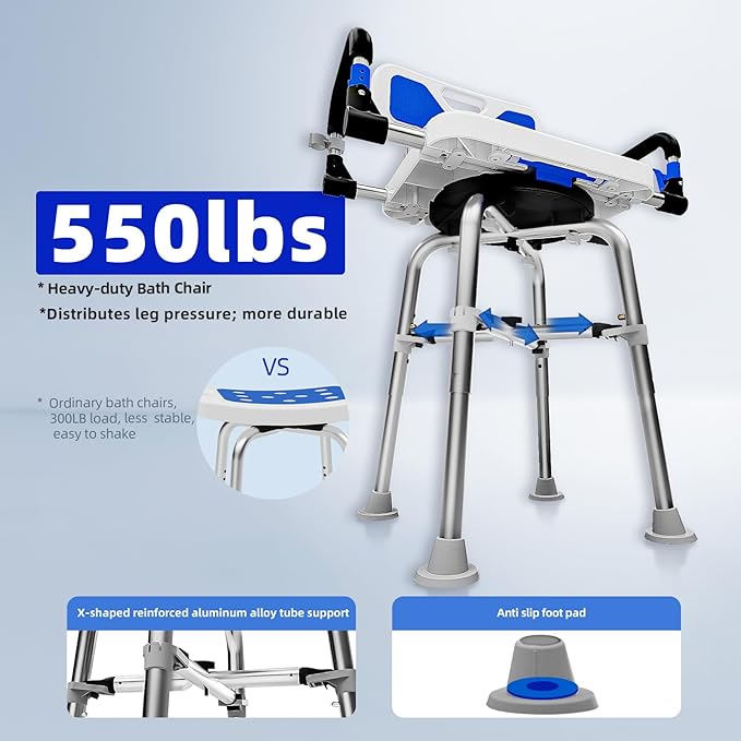 Swive Shower Chair with Arms and Back Heavy Duty 500 lbs for Seniors Elderly Disabled or Bariatric Adults Bench Seat for Inside Shower Stall and Bathroom Bath Tub Seats Adjustable Stool