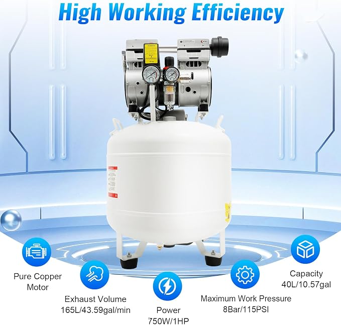 750W 40L Dental Medical Oil-Free Air Compressor, 115PSI 165L/min All-Copper - Image 3