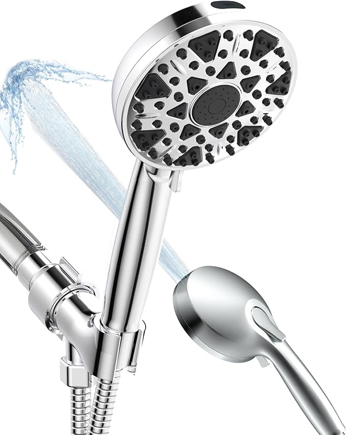 Shower Head With Handheld 7 Settings High Pressure, Built-in Power Wash to Clear Tub, Tile & Pets, 5" High Powerful Hand Held Rain Showerhead with Stainless Steel Hose and Adjustable Bracket
