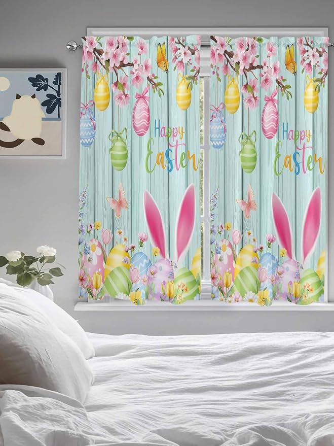 Happy Easter Bedroom Curtains 63 Inches length, Spring Bunny Eggs Flower Teal - Image 5