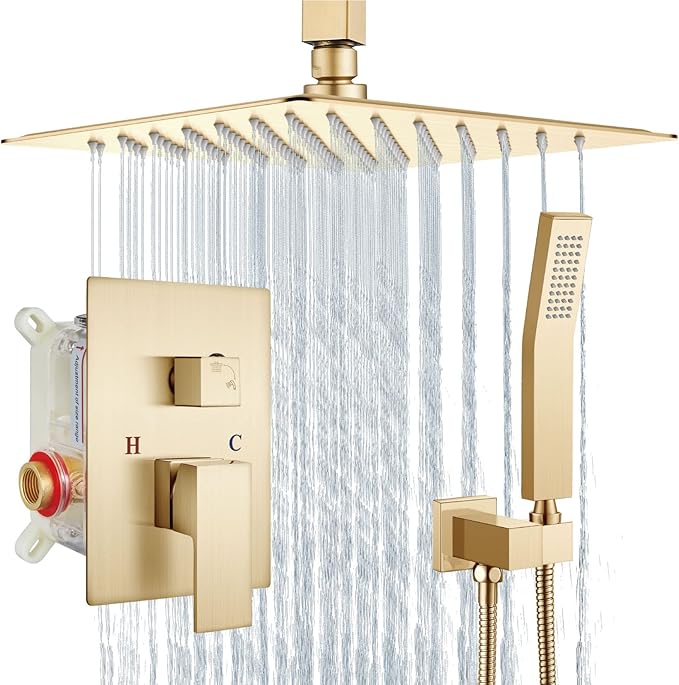 Aolemi Ceiling Mount Shower System Rain Shower Head with Handheld Spray High Pressure Shower Faucet Set Rough-in Valve Shower Trim Kit Included Bathroom Brused Gold 12 Inch Ceiling Shower Head