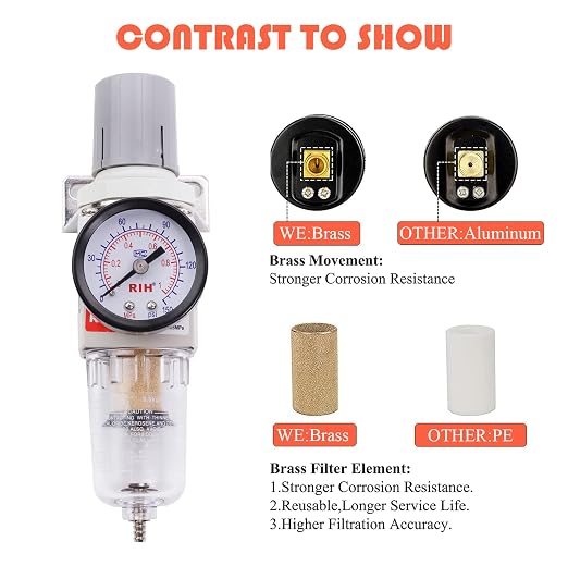 RIH 1/4" NPT Compressed Air Filter Regulator Combo Piggyback, 5 Micron Brass - Image 3