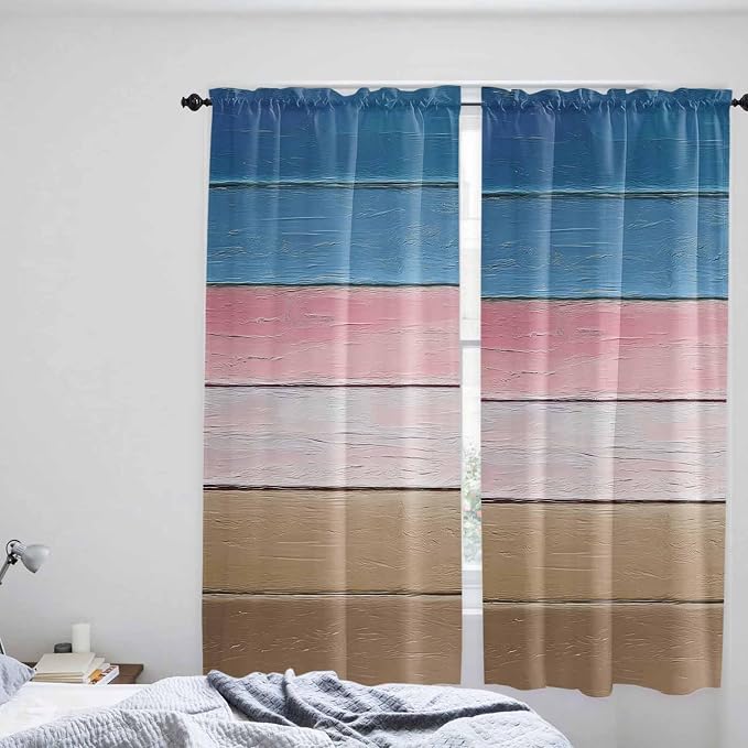 Blue Pink Brown Gradient Wood Grain Window Valance Curtains, Vintage Wood Board - Image 8