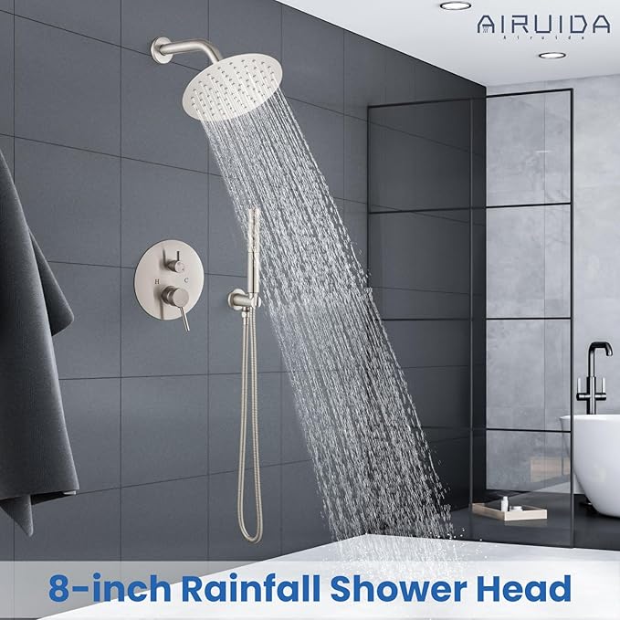 Airuida Shower Fixtures 2 Functions Shower Faucet Set Wall Mounted for Bathroom High Pressure Brass Handheld Shower with Rough-in Valve Round Rainfall 8 Inch Shower Head Brushed Nickel