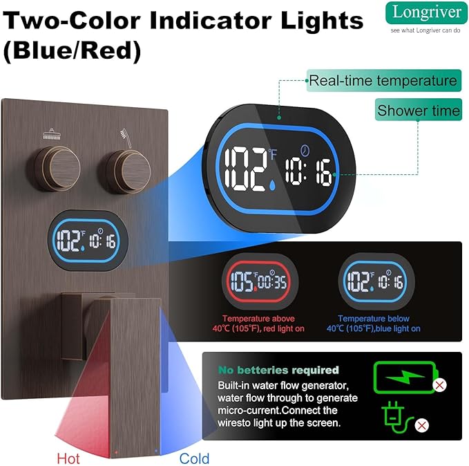 Push Button Diverter Shower Faucet Set Hydro Power Temperature Display, Shower System 12 Inches Shower Head with Handheld Spray, Wall Mounted Shower Fixtures with Valve and Trim Kit, Oil Rubbed Bronze