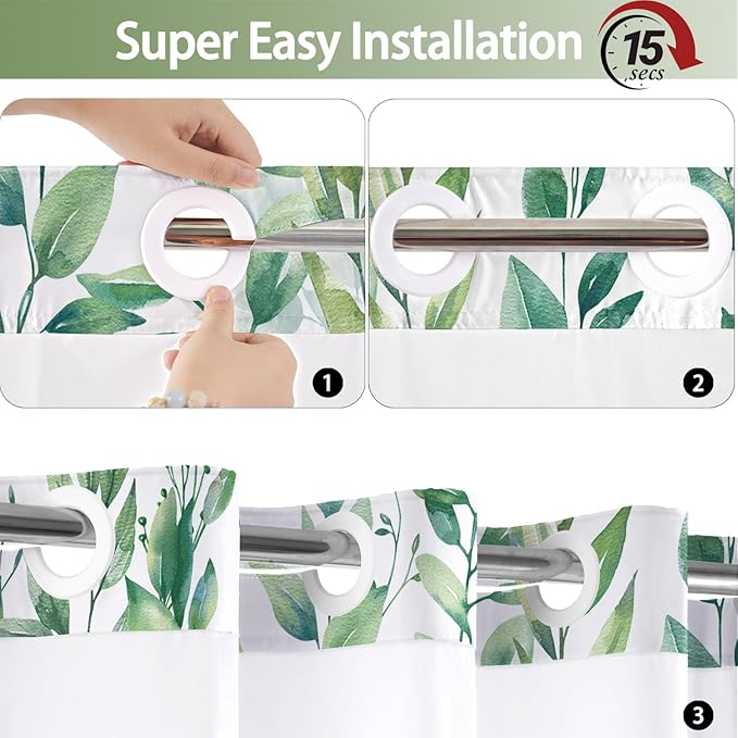 No Hook Shower Curtain and Liner Set, Light Green Eucalyptus Floral Shower Curtains for Bathroom, Bath Curtain Sets with Snap in Liner, Waterproof with See Through Top Window, 71x77 Inches