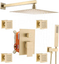 Enga Brushed Gold Rain Shower System with 4 Body Shower Jets 12inch Wall Mount Rainfall Shower Head & Handheld, Multi Shower Head System Rain Shower Faucets sets Combo with Rough-in Valve