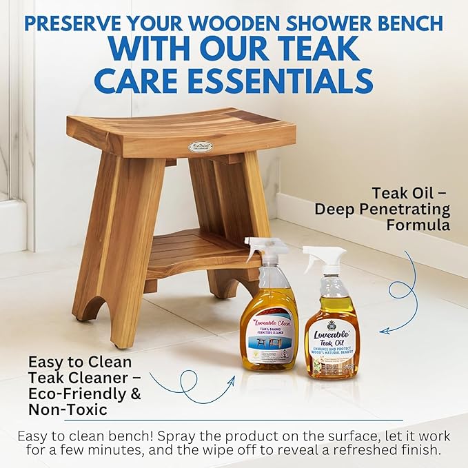 EcoDecors Teak Shower Bench 18", 300 lb Capacity – Waterproof Wood Bath Seat with Shelf, Spa Seating for Adults – Compact Fit for Small Bathrooms & Walk-in Showers – Slip-Resistant Feet