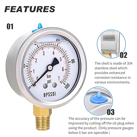 0-100 Psi Glycerin Liquid Filled Low Pressure Gauge, 2.5" Dial Size, 1/4" NPT - Image 4