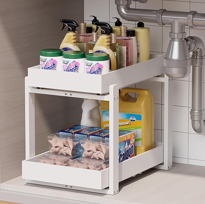 Bamboo Wood Under Sink Organizer 1 Pack, Pull Out Cabinet Organizer 2 Tier Under Sink Organizers and Storage with Sliding Drawer Sturdy Easy Assembly for Kitchen Bathroom Undersink (White, 1 Pack)