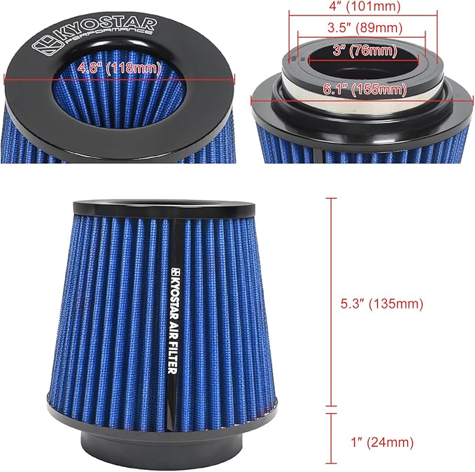 KYOSTAR Universal 3/3.5/4" High-Flow Air Filter, Reusable Cone Cold Air Intake - Image 2